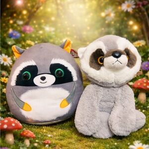 Brand New Raccoon Plush Stuffies - Aurora World and Ty Squishy Beanies Sneaky